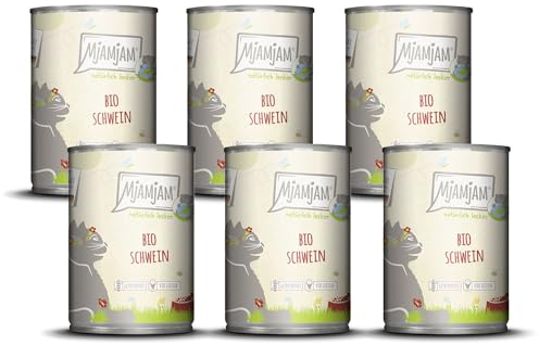 MjAMjAM – Premium Nassfutter für Katzen - natürlich lecker – Bio Schwein, 6er Pack (6 x 400g), getreidefrei mit extra viel Fleisch