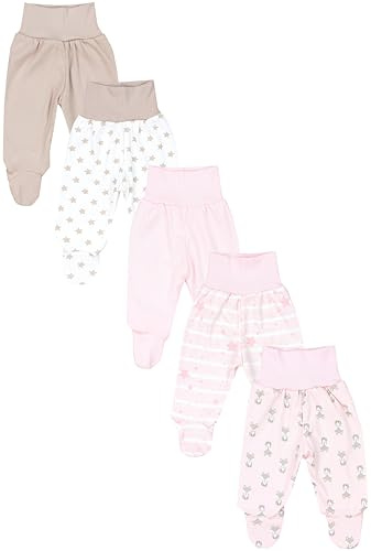 TupTam Baby Unisex Hose mit Fuß Bunte 5er Pack, Farbe: Fuchs Rosa Streifen Sterne Weiß Beige, Kinder Größe: 80