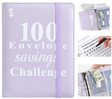 Jakiro 100 Umschläge Geld sparen Herausforderung Binder, Cash Envelopes Money Saving Binder, A5 Lila Geld Challeng Buch to Save $5.050