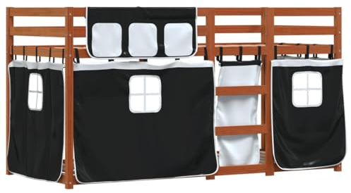 vidaXL Etagenbett, Kinderbett mit Vorhängen Leiter, Hochbett Spielbett für Kinder ab 6 Jahren, Doppel Stockbett Bett, Weiß Schwarz 90x190cm Massivholz Kiefer