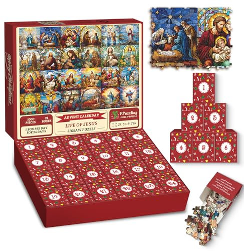 Advent Calendar 2024 Christmas Puzzle for Adults 1000 Pieces, Stained Glass Life of Jesus Jigsaw Puzzles, 24 Days Countdown Calendar Winter Puzzle as Christmas Decoration