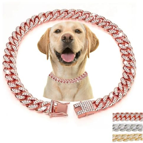 Rose Gold Chain for Dogs with Bling,Sparkly Diamond Metal Cuban Link Dog Collars, Rhinestone Glitter Puppy Necklace for Small Medium Large Pet Dogs Cats,16 inch