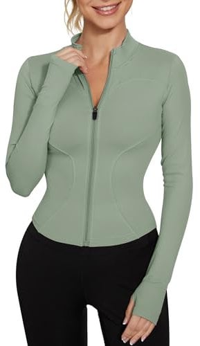 IECCP Womens Gym Tops Long Sleeve Sports T-Shirt Fitness Workout Yoga Crop Tops Ladies Running Zip Tops with Thumb Holes Green M