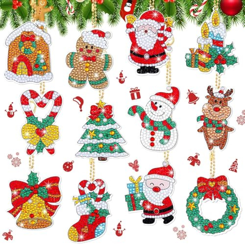 Figarge 5D Diamond Painting Weihnachten Anhänger, 12 Stück DIY Diamant Malerei Schlüsselanhänger Weihnachtsmann Diamond Painting Schlüsselanhänger Doppelseitige Schneemann Diamant Malerei DIY Kit