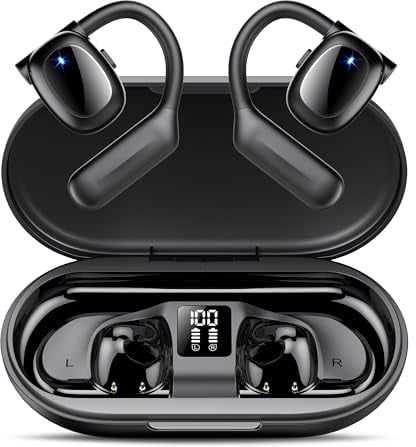 Hendari Auriculares Oreja Abierta, Auriculares Deportivos Bluetooth 5.3, Auriculares Inalámbricos Bluetooth con 4 Mic, Auriculares Conduccion Osea con LED, Confort Auriculares Open Ear, 75 H, IPX5