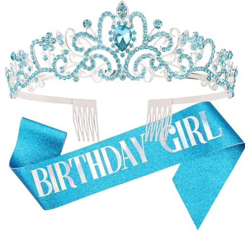 DRESHOW Geburtstag Krone und Schärpe für Damen Geburtstag Mädchen Schärpe & Strass Tiara Set Geburtstag Dekorationen Haarschmuck Glitter Schärpe für Party