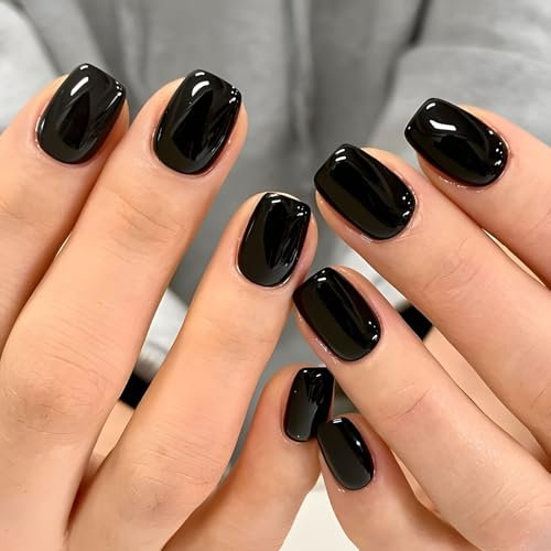 BETESSIN 32Pcs Halloween Faux Ongles Autocollants Court Carré Noir à Coller Press On Nails avec Gel Pad Ongles pour Femme Fille
