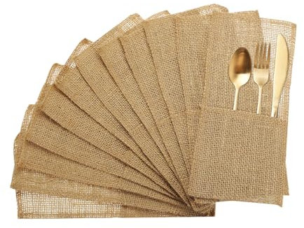 sourcing map 12Pcs Burlap Utensil Holders, 4 x 8 Cutlery Pouch Silverware Holder Natural Jute Pouch Bag Burlap Napkin Bag for Party Wedding Decoration