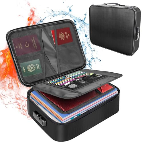Porte-documents A4 ignifuge avec fermeture éclair et étiquettes - Conférencier en cuir - Système de classeur avec 12 compartiments pour fichiers, passeport et plus encore (B)
