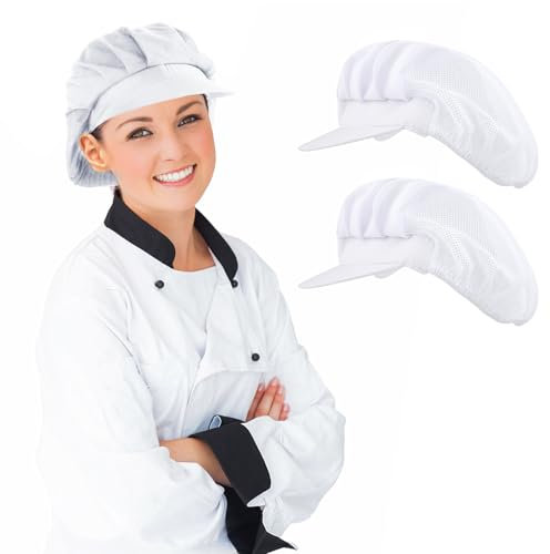 2 Piezas Gorro Cocina Mujer Blanco Gorro Cocinero Gorro de Chef Media Malla Elástica Transpirable Redecilla para Panadero Redecilla para Catering con Sombrero de Chef con ala Gorro Cocina