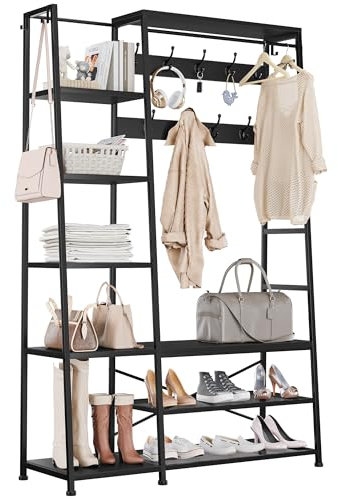 YITAHOME Garderobenständer, Großer Garderobe mit Bank, Industriegarderobe mit Schuhablage, Bodenstehende Kleiderstange mit 9 Haken und 5 Ablagen, Kleiderständer für Flur, Wohnzimmer, Schwarz