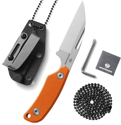 DRACHENADER Schafsfuß Neck Knife Messer mit D2 Stahl Necklace und clip, 5.82“ Full Tang Feststehendes Messer (Klinge Silber, S3-Griff Orange)