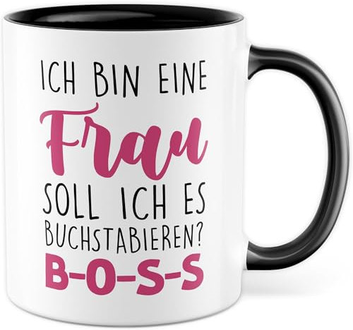 Boss Frau Tasse mit Spruch - Ich bin eine Frau. Soll ich es buchstabieren? B-O-S-S - Kaffeetasse aus Keramik 330ml - Geschenkidee Frauenpower Chefin Kaffee-Becher