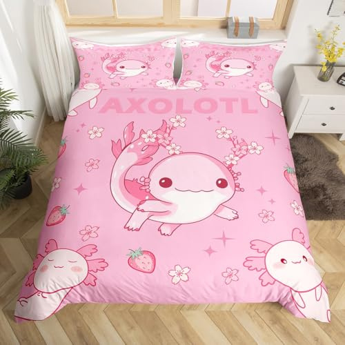Loussiesd Nette Axolotl Bettbezug Set Rosa Erdbeer Blumen Druck Bettwäsche Set 135x200cm Meerestiere Bettwäscheset Weiche Mikrofaser für Kinder Mädchen Frauen Dekor Betten Set mit Reißverschluss