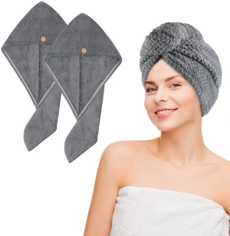 VIVOTE Asciugamano per capelli in microfibra, asciugamano a turbante con bottone, asciugatura rapida, super assorbente, turbante per capelli per tutti i tipi di capelli 25 cm x 65 cm, 2 pezzi grigio