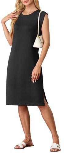 GRECERELLE Vestido midi de verano para mujer, informal, sin mangas, con abertura lateral y bolsillos, elegante longitud midi, Negro , L