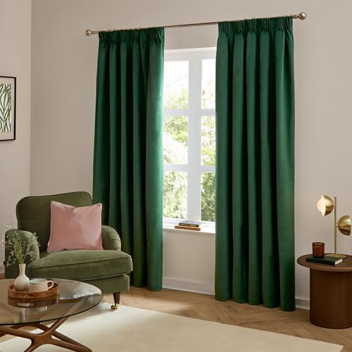 furn. The Ultimate Velvet Blackout Pencil Pleat Curtains (Green-168x229cm) | Soft Stylish Light Blocking Thermal Matte Velvet Curtain Pair