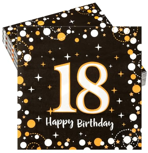 Servietten 18.Geburtstag Junge,40 Stück Schwarz Gold Papierservietten,33x33cm Happy Birthday Servietten,Geburtstagsdeko Serviettens für 18.Geburtstag