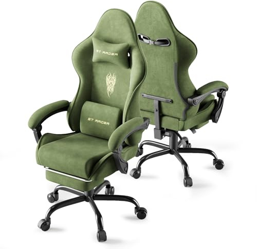 Huracan Chaise Gaming avec Massage Lombaire et Soutien Lombaire - Fauteuil de Gamer Respirant et Ergonomique en Velours - avec Appui-tête réglable et Coussin Lombaire - Repose-Pieds - Vert