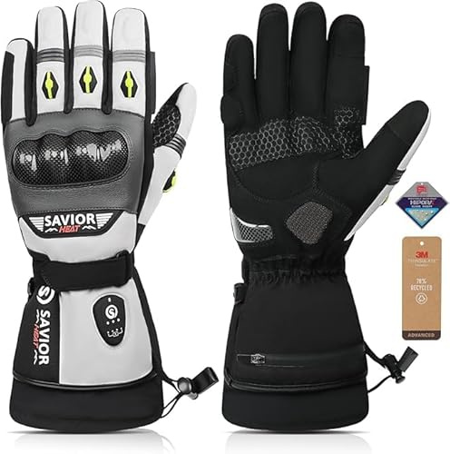 SAVIOR HEAT Guanti Moto Riscaldati Ricaricabili Impermeabili, Carbonio + PVC, Doppio Strato, Batteria 3000mAh, Cavo PD + Cavo Auto, Guanti Invernali Uomo Donna per Sci e Ciclismo