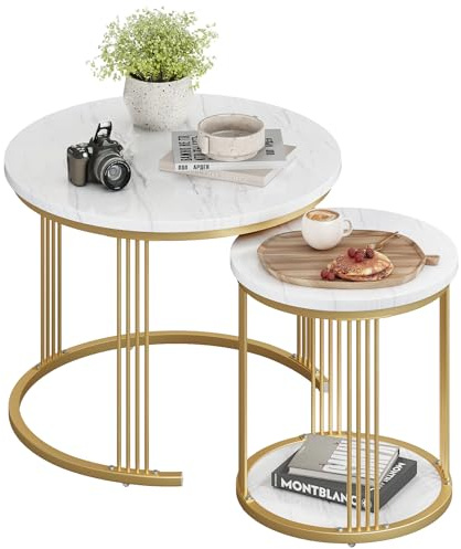 Dripex Couchtisch Set 2er Rund 40+60cm, Nesting Beistelltisch mit Stauraum | Nesting Wohnzimmertisch mit Marmor-Tischplatte & Metallrahmen, Doppelschicht Stauraum, 40cm+60cm, Weißer Beistelltisch