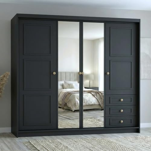 A&J MöbelLand Oslo Kleiderschrank 4-türig mit 3 Schubladen – 200 x 215 cm – Drehtürenschrank mit Kleiderstange und Einlegeböden, Modernes Design mit Metallgriffen