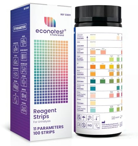 Econotest Reagent 11-in-1 Urine Test Strips 100 Dipsticks - Urine Test Kit with Leucocytes, Blood, Glucose, Nitrite, Ketones, Protein, Bilirubin, pH, Specific Gravity, Urobilinogen, Ascorbic Acid