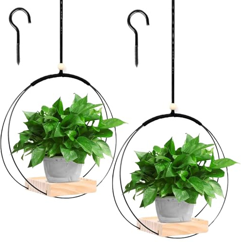 FENGCHUANG 2 Stück Blumenampel Hängend Innen Schwarz 30 x 30cm | Decke Hängende Pflanzer Hängeampel Mit Holzsockel Metallring mit Holzsockel Für Zimmerpflanzen Sukkulenten Luftpflanzen