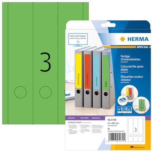 HERMA 5139 Ordnerrücken Etiketten lang breit, 20 Blatt, 61 x 297 mm, 3 pro A4 Bogen, 60 Stück, selbstklebend, bedruckbar, blickdicht, blanko Papier Ordneretiketten Rückenschilder Aufkleber, grün