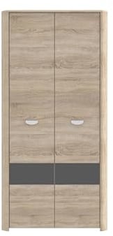 FORTE YOOP Schrank 90 95, Kleiderschrank klein Jugendzimmerschrank Kinderzimmerschrank Drehtürenschrank, 2-türig, Holzdekor: Sonoma Eiche / Grau Matt, 93.5 cm breit x 194 cm hoch x 58 cm tief