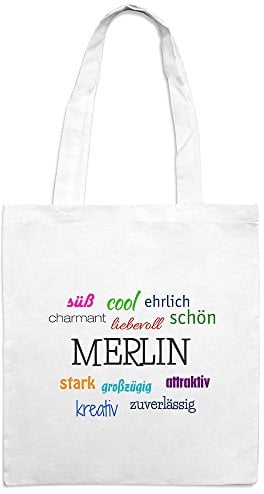 Jutebeutel mit Namen Merlin - Motiv Positive Eigenschaften - Farbe weiß – Stoffbeutel, Jutesack, Hipster, Beutel
