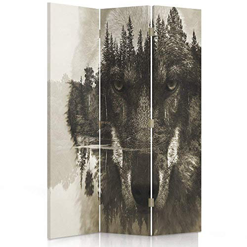 Feeby Frames. Raumteiler, Gedruckten auf Canvas, Leinwand Wandschirme, dekorative Trennwand, Paravent beidseitig, 3 teilig (110x150 cm), Tiere, Wolf, Natur, Wald, BÄUME, Augen, GRAU