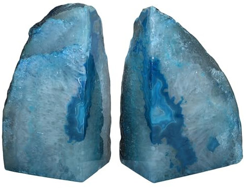 Nature's Decorations Buchstützen aus Achat, hochwertig, blaugrün, Geoden-Buchstützen mit Gummipuffer für Regale, Büro, Heimdekoration, robuste, coole Kristallstein-Buchstütze, Paar zur Dekoration