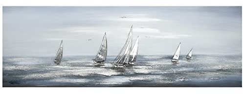 GILDE Bild Gemälde Silver Regatta (150 x 50 cm) handgemalt, mit Aluminium-Ornamenten für Wohnzimmer, Schlafzimmer, Heimbüro