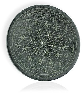 Budawi® Speckstein Untersetzer Teelichthalter Räucherstäbchenhalter Blume des Lebens ca. 11 cm rund Farbe grau