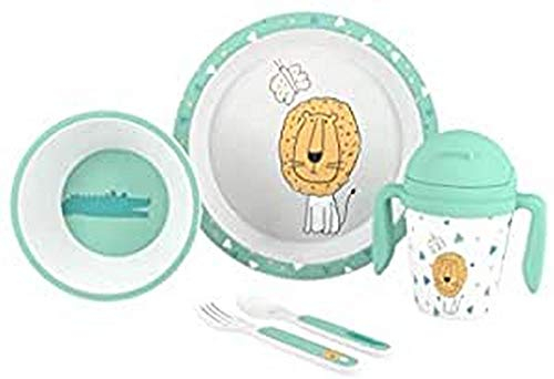 Juego de Vajilla Bebe Interbaby | Set Vajilla Infantil 5 Piezas Plato Llano, Bo, Cuchara, Tenedor y Vaso Antigoteo Aprendizaje | Apta para Microondas y Lavavajillas, Mayores de 6 Meses