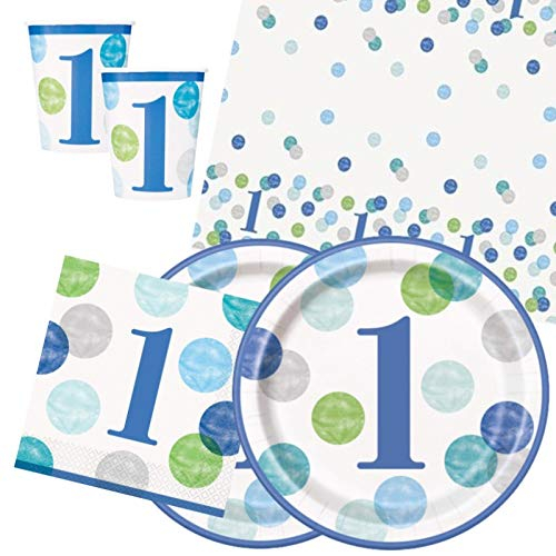 Blue Dots 1st Birthday Party Tableware for 16