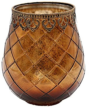 Orientalisches Windlicht - Teelichthalter - Kerzenhalter aus Glas in braun, mit Metallrand, L/B/H 13 x 13 x 14 cm