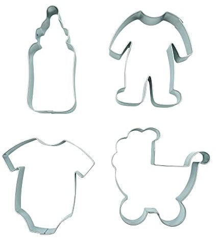 BekkiB 2464 Lot de 4 emporte-pièces « Bébé » - Biberon, body bébé, poussette, grenouillère - Emporte-pièce en acier inoxydable passe au lave-vaisselle