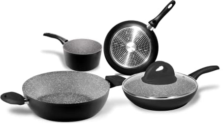 Aeternum, Stone in Black, Batteria 5 pezzi antiaderenti, 1 Casseruola 16 cm, 2 Padelle 20-24 cm, 1 Tegame 14 cm, 1 Coperchio 20 cm, Alluminio, Nera