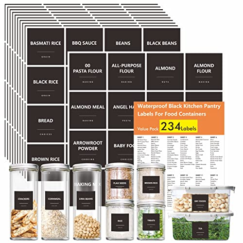 234 Minimalist Kitchen Food Labels, 216 Preprinted Flour Pasta Peas Condiment Oil Stickers, 18 Blank Ones, Waterproof Oil&Tear Resistant, No Residue for Pantry Food Containers Jars (White on Black)