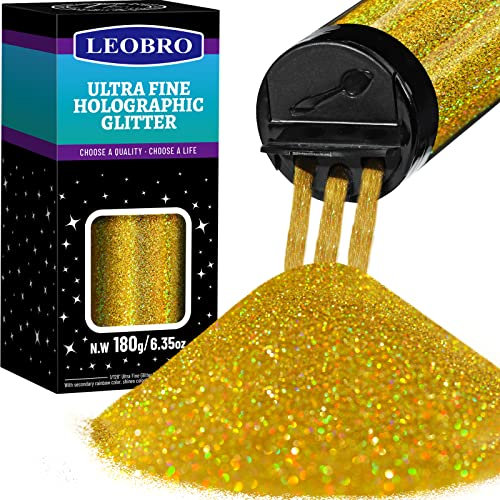 180G/6.35OZ Holographic Ultra Fine Glitter, 1/128 Resin Glitter Powder Sequins Flakes, Hair Face Body Nail Glitter, LEOBRO Metallic Iridescent Glitter for Resin Tumblers Art Crafts, Gold Glitter