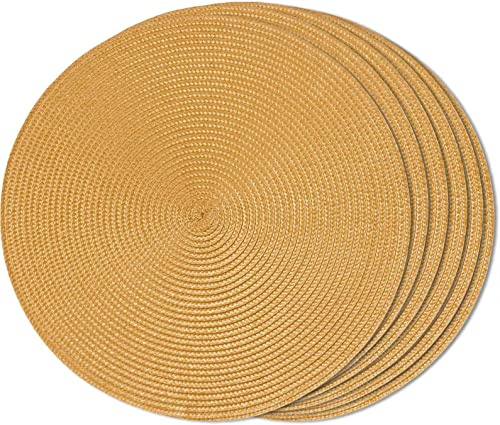 FunWheat Runde geflochtene Tischmatten, 6er-Set, für Esstische, gewebt, waschbar, rutschfest, 38,1 cm (Kürbisgelb, 6 Stück)