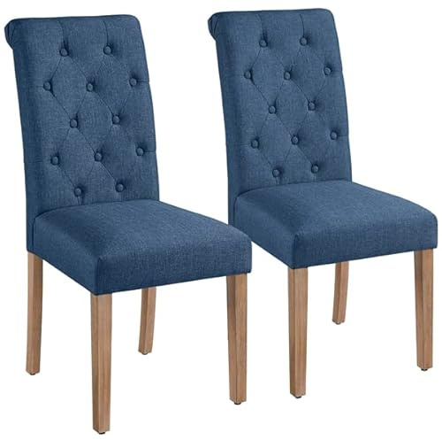 Abician Lot de 2 Chaise de Salle à Manger Haut Dossier Revêtement en Tissu Pieds en Bois Assise Rembourrée Maison Cuisine Chambre Bureau Hôtel 45,5 × 62 × 98,5 cm Bleu