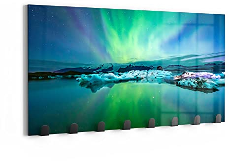 DEQORI Wandgarderobe Glas & Metall | Motiv Leuchtendes Polarlicht | 60x30 cm | Design Haken-Leiste modern | Garderoben-Paneel für Flur, Wohnzimmer & Schlafzimmer | magnetisch & beschreibbar