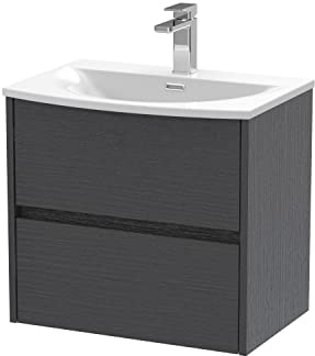 Hudson Reed HAV2204G Havana Wall Hung 2 Drawer Vanity Unit & Curved Ceramic Basin, 600mm, Woodgrain Graphite Grey
