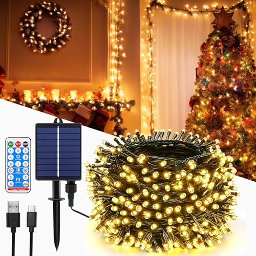 MOLVCE Solar Lichterkette Aussen 20m 200LED, Lichterkette Solar mit Fernbedienung, 8 Modi, Timer, USB-betrieben, Dimmbar Solarlichterkette Wetterfest für Balkon Hochzeit Weihnachten Deko, Warmweiß