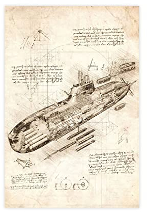 FISH DRAGATE Vintage-inspirierte Skizzen Patent U-Boot Leinwand Poster Wandkunst Dekor Bild Gemälde für Wohnzimmer Schlafzimmer Dekoration Rahmen Stil 30 x 45 cm