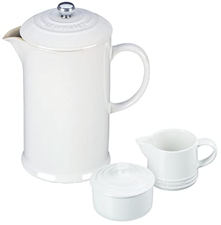 Le Creuset French Press Steingut-Set mit Creme und Zucker, 963 ml, Weiß