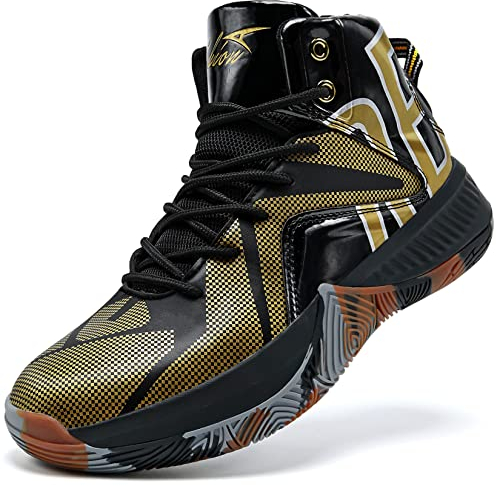 ASHION Herren Basketballschuhe High-Top Sportschuhe Tennis Schuhe Herren Gym Sneaker Hallenschuhe,Schwarzes Gold,42 EU